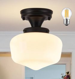 Black Schoolhouse Light Fixture 8" Mid Century Light Fixture Schoolhouse Light Fixtures Ceiling Milk Glass Light Fixtures Semi Flush Mount Ceiling Lig