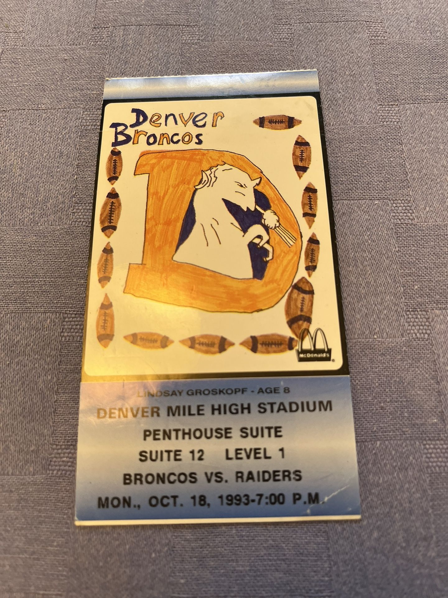 Denver Broncos Vs Raiders Oct 18 1993 Football Suite Ticket