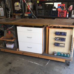 Craftsman cast iron table saw mobile workbench, built-in Incra fence system, porter cable router table, dust collection and storage