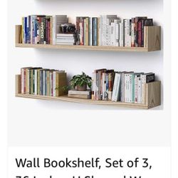 Wall Bookshelf, Set of 3, 36 Inches U Shaped Wall Shelves, Long Deep Floating Shelves for Wall, Large Floating Book Shelves - Wood Hanging Bookshelves