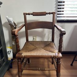 Vintage Wooden Armchair – Woven Rush Seat | 33.5” Tall
