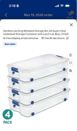4 Pack of clear storage bins with wheels