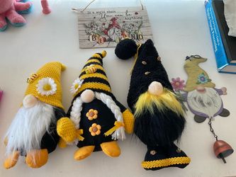 Bee Gnome Plush Figures Set of 3 and signs