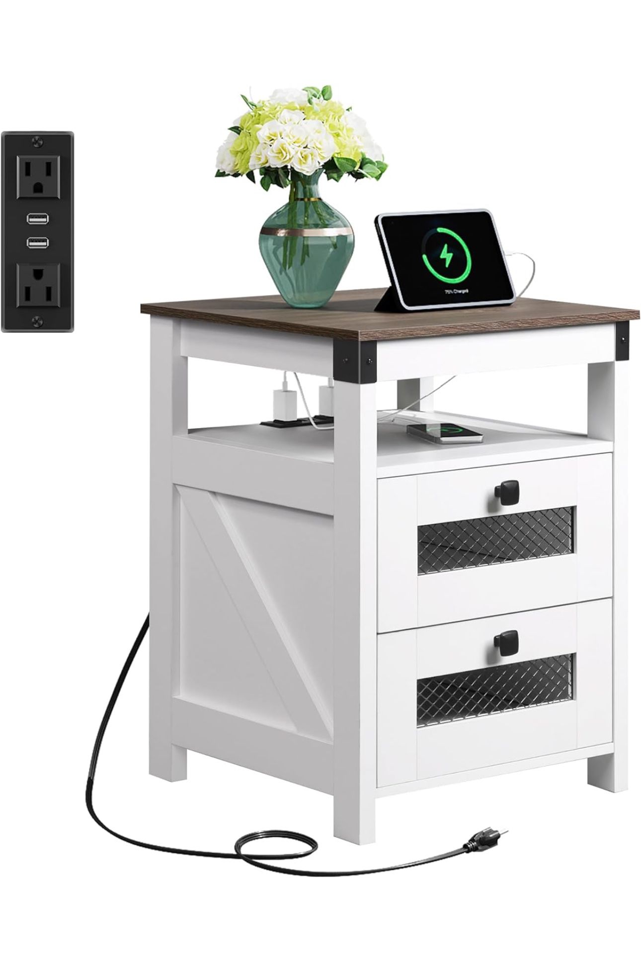 Brand New Farmhouse Nightstand with Charging Station, White Bedside Table with Drawer and Storage Shelf, Sofa Table for Living Room with USB Ports and