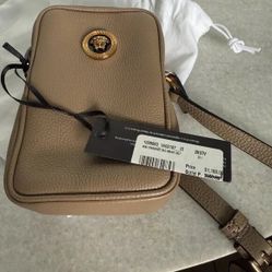 Unisex Brown Grainy Leather Mini-crossbody with Gold Medusa, NWT