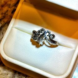 Vintage 50's Open Heart Waves Blue & White Diamond Accent Size 6.5 Sterling Silver Woman's Ring