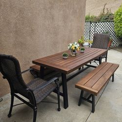 5pc Wood Patio Dining Set/wood Table And 2 Benches, +2 Wicker Chairs/Outdoor Furniture/Cash Only 