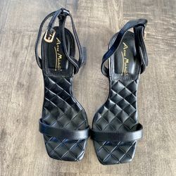 Anne Michelle Black Quilted Ankle Straps Open-Toe Heels - Size 5.5