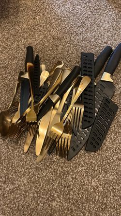 Gold and Black Flatware and Knife Set