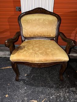 Vintage Ornate Wooden Armchair with Gold Upholstery