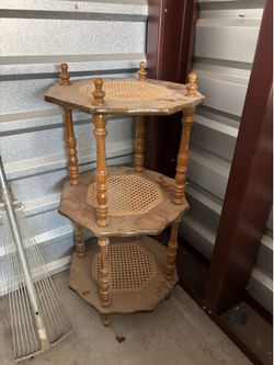 3 Tier Rattan Wooden Stand Shelf Vintage