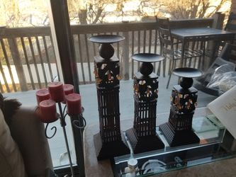 Candle Holders Set of Three Candles Holders In Euc Metal All the Pieces there Sizes Are 17' 14' And 11' Inches