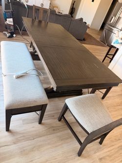 Dark Wood Dining Table with Bench and Chairs