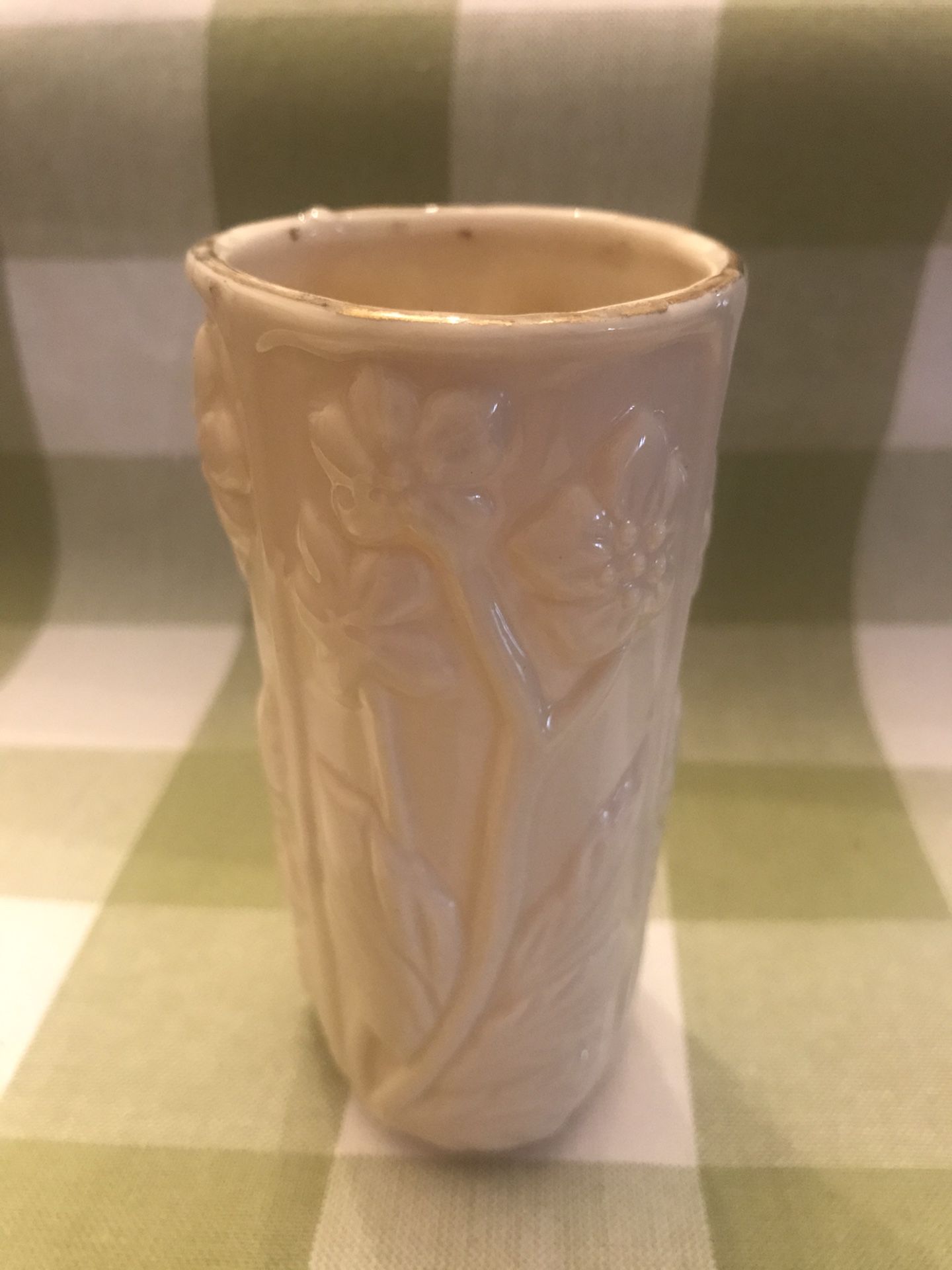 Gold trimmed Almond milk glass bud vase