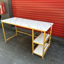 White Faux Marble and Gold Desk