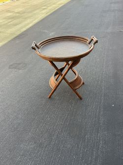 Vintage Bamboo Rattan Butler Grasscloth Tray on Folding Bamboo Stand