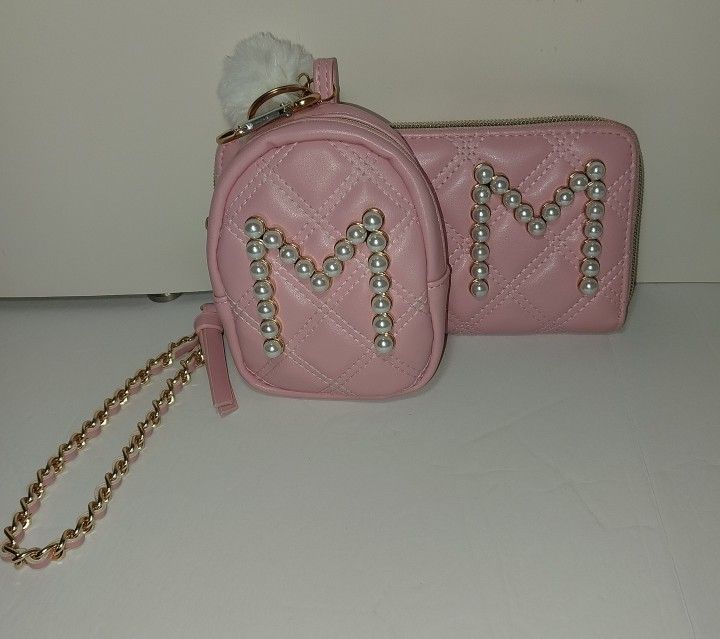 Claire's Initial Pearl Letter M Pink Faux Leather Wristlet Purse & Mini Backpack