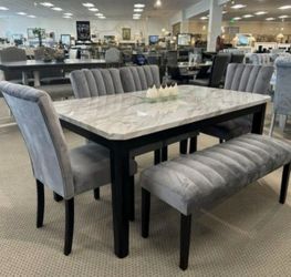 FAUX MARBLE DINING TABLE WITH CHAIRS AND BENCH