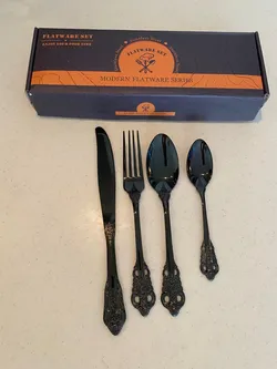 24 Piece Black Stainless Steel Flatware Set Vintage Silverware Service for 6 New