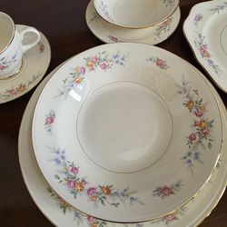 Porcelain dinnerware set (7 place setting for 12) in the 'Ferndale' pattern by Homer Laughlin, Eggshell Nautilus line