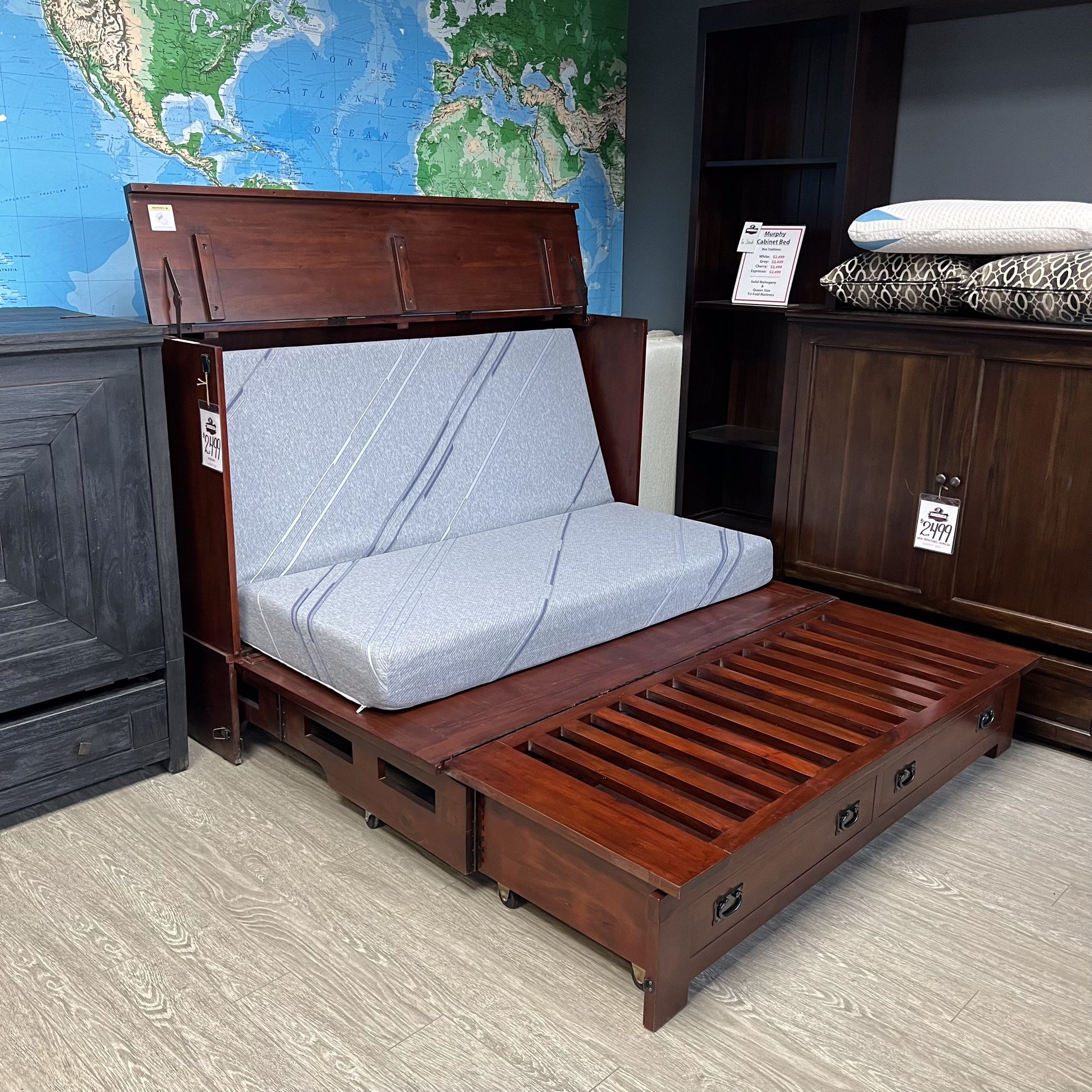 Mahogany Brown Solid Wood Queen Size Cabinet Murphy Bed Frame - Mission Collection 