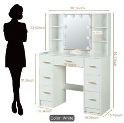 White Vanity Desk with Lighted Mirror and Drawers