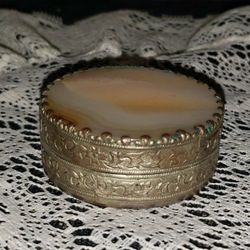 VINTAGE ORNATE SILVER METAL MARBLE MIRRORED CONTAINER STORAGE TRINKET KEEPSAKE JEWELRY BOX