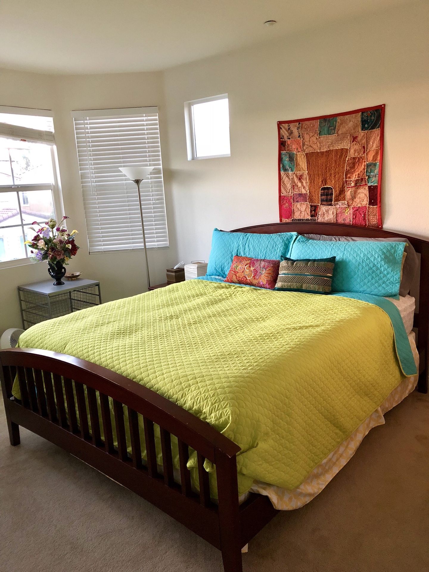 Cal King bed set frame, mattress, two side tables, dresser with mirror