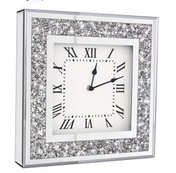 Crystal Crush Diamond Mirrored Square Wall Clock with Sparkle Twinkle Bling Diamond Decor for Wall Decoration, 12x12inch Decorative Silver Mirror Quar