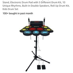 (9 Pads) Electronic Drum Set with Light Up Drumsticks and Stand, Electronic Drum Pad with 5 Different Drum Kit, 10 Unique Rhythms, Bulit-in Double Spe