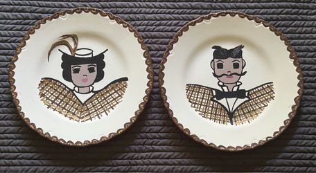 Folk Art 1950s His & Hers Vintage MCM Couples Plates Arts & Crafts l Pair