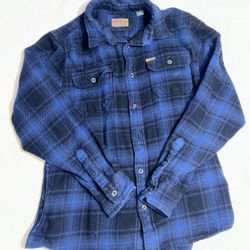 Orvis Mens Large Heavy Flannel Shirt Jacket Blue Black Plaid Lumberjack Shacket