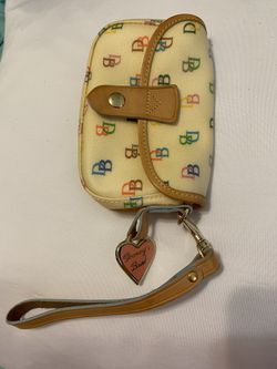 Vintage Dooney Bourke Signature Small Wristlet W/Pink Heart Charm