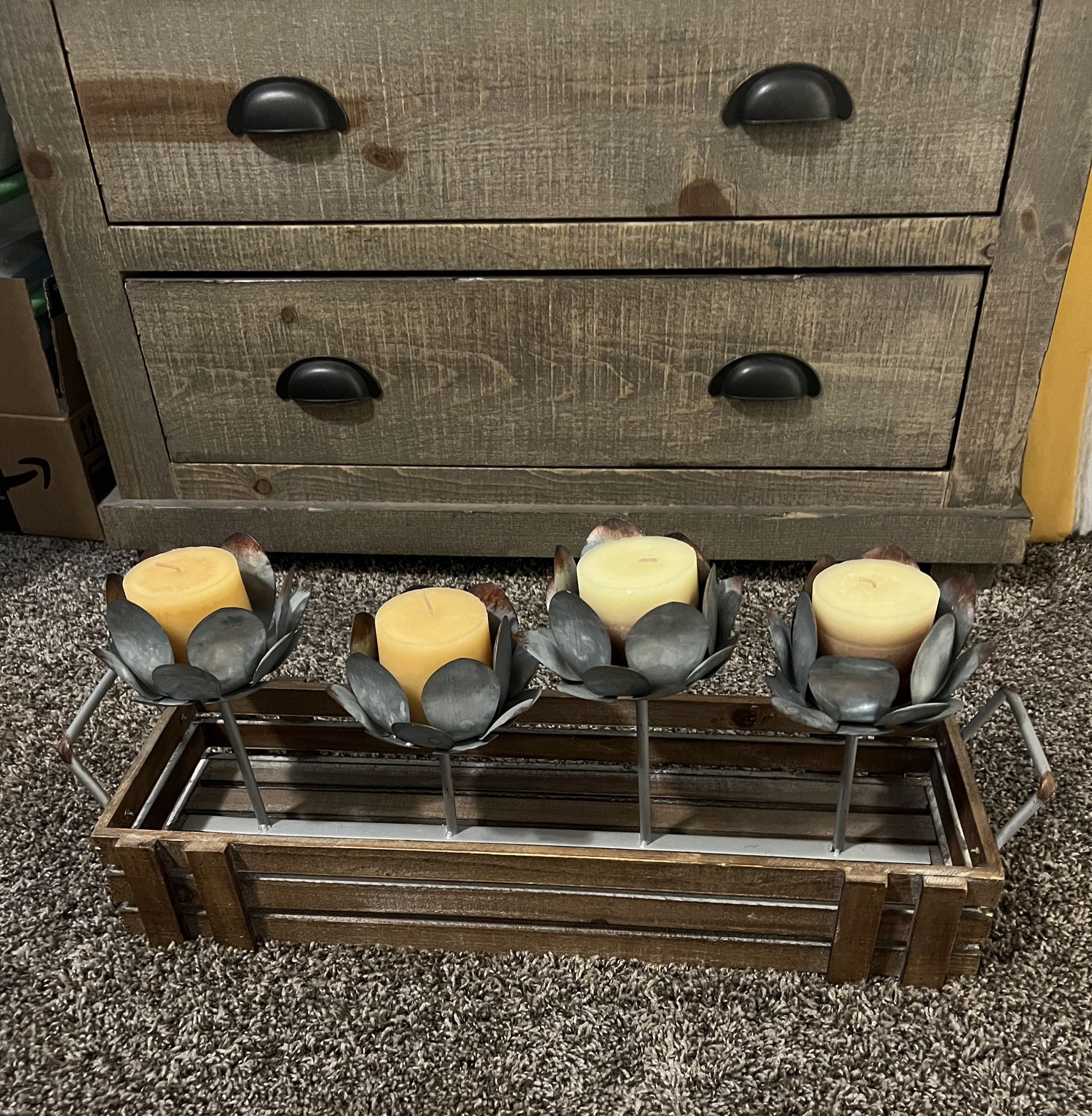 Centerpiece Wooden And Metal Flower Candle Holder