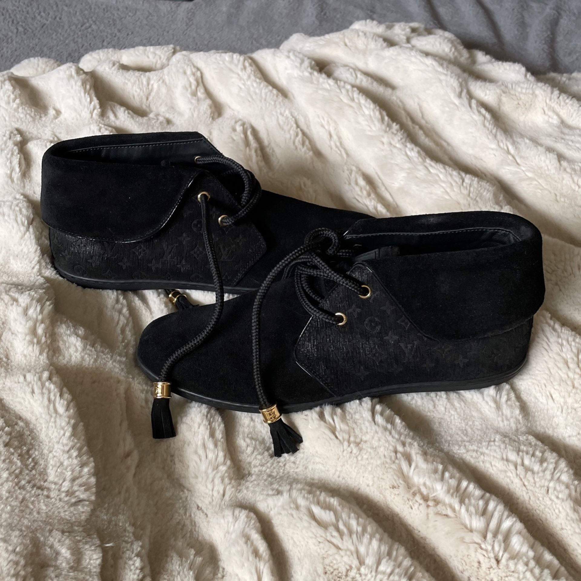 Louis Vuitton Black Textured Monogram Suede Tassel Boots Size 37