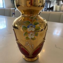  Unique Luxury Ruby Red Bohemian Czech Glass Vase .   Gold