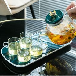 Glass Teapot Set, 55 Degree Thermostatic Kettle Heating Pad One Pot Four Cups Gift Set Glass Insulated Flower Tea Pot