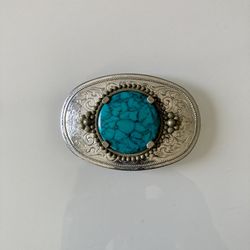Belt Buckle: Dyed Turquoise-Style Stone, Western Scroll Pattern
