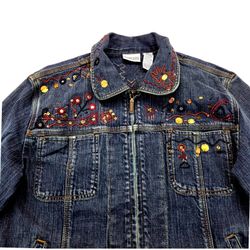 Vintage Embroidered Denim Jacket Size 1 Blue Jean Zip Up Beaded Sequin Art
