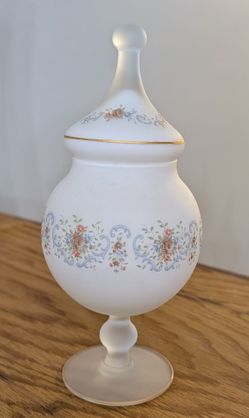 Vintage Frosted Satin Glass Lidded Apothecary Jar – Floral Band & Gold Trim (8.5"" Tall)