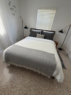 Queen Bed Frame with Walnut Wood Headboard