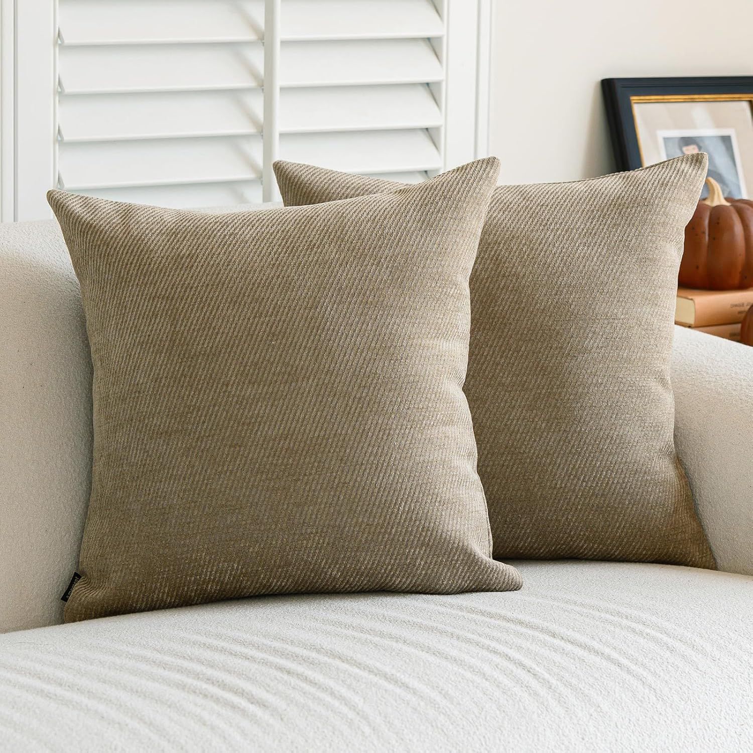 Pack of 2 Decorative Chenille Throw Pillow Covers with Twill Cushion Covers for Sofa Living Room Couch Bed 20x20 Inch Light Brown