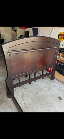 Dark Wood Sleigh-Style Bed Frame (includes Arching Headboard with Brushed Metal/Chrome Inlays