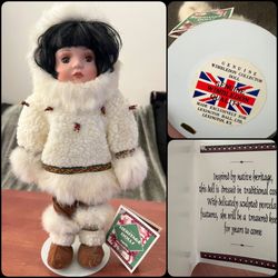 Heritage Porcelain Eskimo Doll w Stand Designed by Indian Arts and Crafts