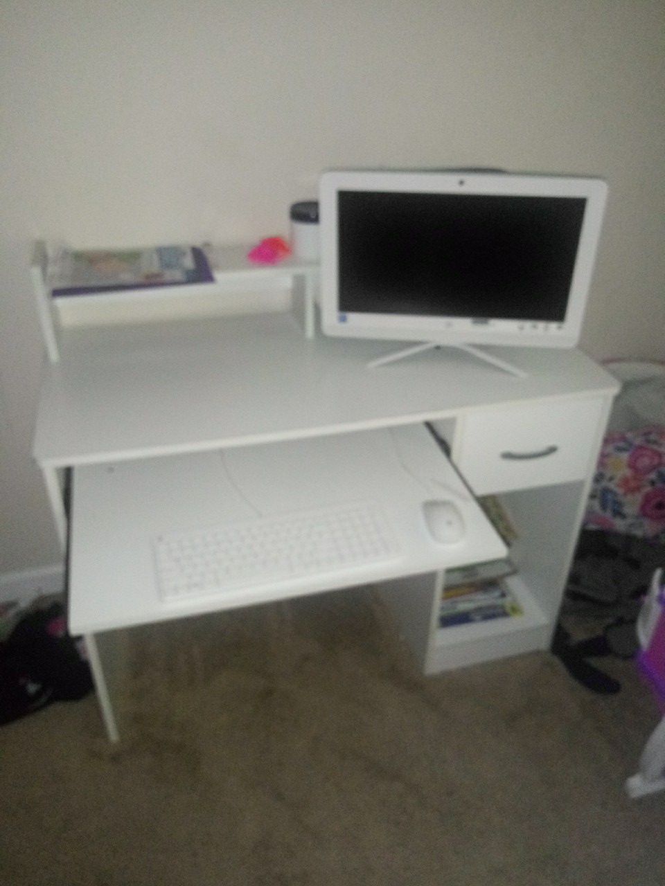 All white computer desk with shelf&keyboard stand still white as u