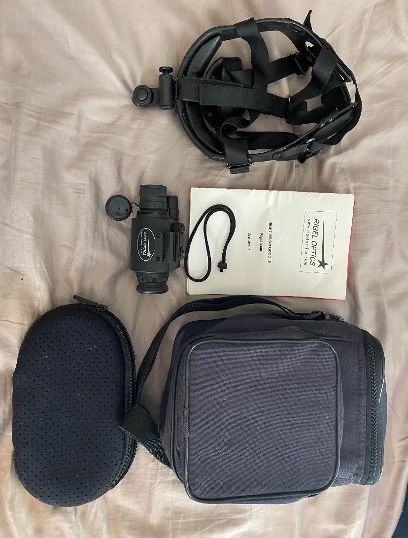 Rigel 3300 mono night vision goggles. Comes with helmet mount, 2 carry cases, wristband and manual. Has less than a an hour of use over the years.