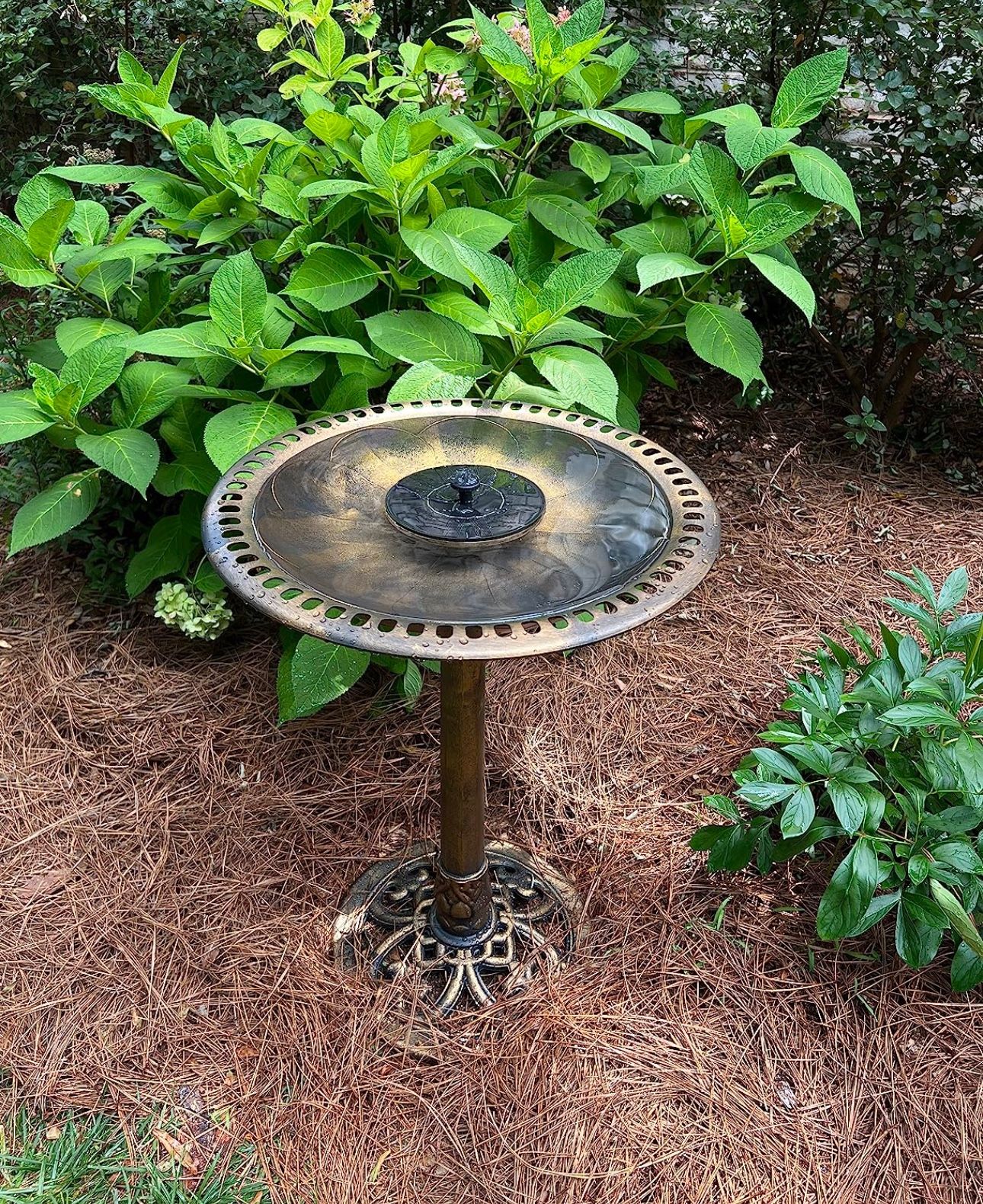 Polyresin Antique Outdoor Bronz Garden Bird Bath and Solar Powered Round Pond Fountain Combo Set Garden Bird Bath Water Feeder Station Solar Pump Bird