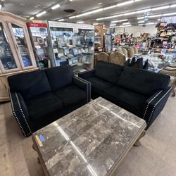 SALE Modern Black Velvet Sofa & Loveseat Set w/ Silver Studded Nailhead Trim