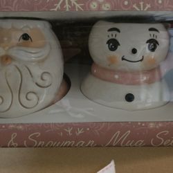 Christmas Pink And White Santa And Sown Man Mugs Set 
