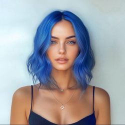 Short Blue Synthetic Wigs Shoulder Length Bob Curly Wavy 16 inches
